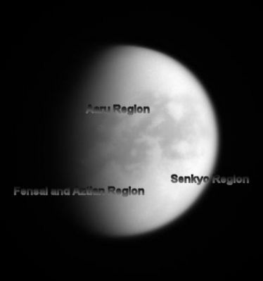 Aaru and Senkyo
As it approached Titan for yet another revealing encounter, the Cassini spacecraft acquired this image showing terrain on the moon's Saturn-facing hemisphere. 
Prominent dark areas found in the moon's equatorial region appear to contain vast and continuous dune fields, discovered by the Cassini Radar experiment and likely composed of particles that drop from Titan's unique, smoggy atmosphere. 
The Dark Regions seen here are provisionally named Aaru and Senkyo, with parts of Western Fensal and Aztlan showing at left, near the terminator. 

The image was taken with the Cassini spacecraft wide-angle camera using a spectral filter sensitive to wavelengths of infrared light centered at 752 nanometers. The view was obtained on July 2, 2006 at a distance of approx. 163.000 Km (about 101.000 miles) from Titan and at a Sun-Titan-spacecraft, or phase, angle of 62°. 
Image scale is roughly 19 Km (such as about 12 miles) per pixel.
Parole chiave: Saturn's Moons - Titan