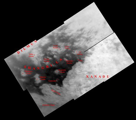 The "New World": Shangri-La and Xanadu Region
Original caption:"This mosaic is a HR close-up of two contrasting Regions: dark Shangri-La and bright Xanadu. This view has a resolution of 1 Km (such as 0,6 mile) per pixel and is centered at 2,5° North Lat. and 145° West Long., near the feature called Santorini Facula. 
The mosaic is composed of 10 images obtained on Oct. 28, 2005, each processed to enhance surface detail. It is an orthographic projection, rotated so that North on Titan is up". 
Parole chiave: Saturn's Moons - Titan