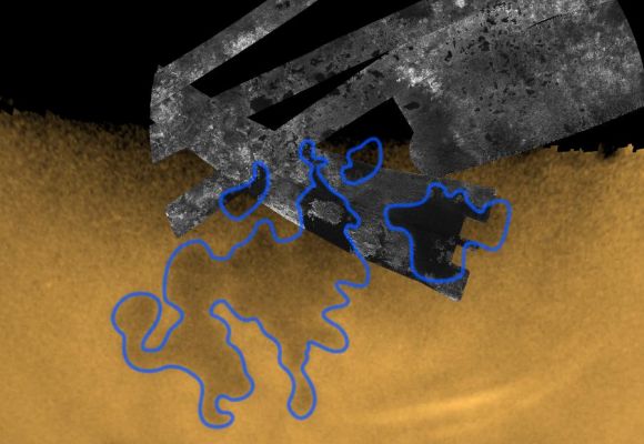Titanian Seas
Cassini peers through the murky orange haze of Titan to spy what are believed to be bodies of liquid hydrocarbons, 2 of them as large as seas on Earth, near the moon's North Pole. This picture blends a near natural-color view and an infrared glimpse of Titan's surface obtained by the visual cameras, followed by a transition to imagery collected by the radar instrument aboard Cassini, for a dramatic reveal of the North Pole of Saturn's largest moon. 
As the image zooms in on the North Pole, the most readily visible bodies are outlined in blue. The largest of these, on the left, is as big as the Caspian Sea on Earth; the next largest, on the right, is about the size of Lake Superior. When compared to the surface area of Titan however (which is six times smaller than Earth's), these bodies are equivalent in size to the Bay of Bengal and Timor Sea, respectively. Geographically speaking, they are more like seas. 
Parole chiave: Titan