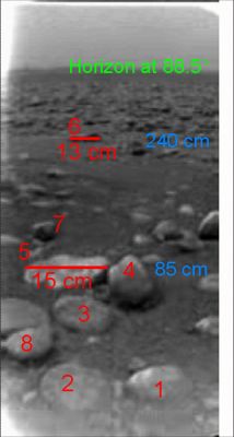 On the surface of Titan
Caption ESA originale:"This raw image was returned yesterday, 14 January 2005, by ESA's Huygens probe during its successful descent to land on Titan. Sizes have been added to indicate scale of these features. Initially thought to be rocks or ice blocks, they are more pebble-sized. The two rock-like objects just below the middle of the image are about 15 cm (left) and 4 cm (centre) across respectively, at a distance of about 85 cm from Huygens. The surface is darker than originally expected, consisting of a mixture of water and hydrocarbon ice. There is also evidence of erosion at the base of these objects, indicating possible fluvial activity".
Parole chiave: Titan's surface