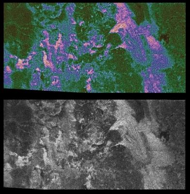Titan - Radar image and false color image
Caption NASA originale: "In the new color image, brighter areas may correspond to rougher terrains, slopes facing the radar, or different materials. The pink colors enhance smaller details on the surface, while the green color represents smoother areas. Winding linear features that cut across dark areas may be ridges or channels, although their nature is not yet understood. A large dark circular feature is seen at the western (top left) end of the image, but very few features on Titan resembling fresh impact craters are seen. 
The area shown is in the northern hemisphere of Titan and is about 150 Km wide by 300 Km long. 
The image is a part of a larger strip created from data taken on Oct. 26, 2004, when the Cassini spacecraft flew approximately 1.200 Km above Titan's surface". 
Parole chiave: Saturn's Moons - Titan