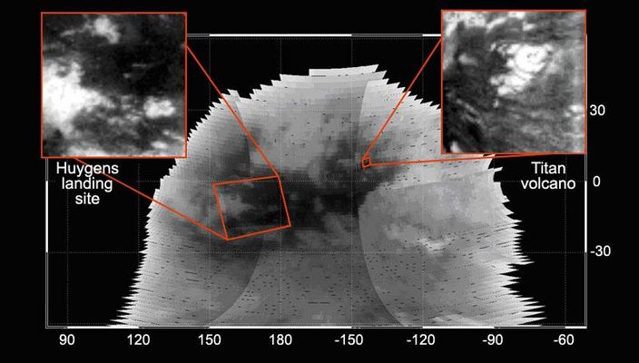 The Titanian Volcano (1)
Caption NASA originale:"On Oct. 26, 2004, the Cassini spacecraft flew over Titan at less than 1.200 Km at closest approach. Cassini acquired several infrared images with spatial resolution ranging from a few tens of Km to 2 Km per pixel. The Visual and Infrared Mapping Spectrometer took images from visible wavelengths to the 5,1 micron wvlgts. This figure shows the mosaic obtained at the 2,03 micron wvlgt - observations are centered on the hemisphere of Titan that points away from Saturn. The left (inset) HR image is 30 Km per pixel. It shows the site where the ESA's Huygens probe successfully landed on Jan. 14, 2005. The right inset shows a circular feature that scientists think is a volcano, which may be responsible for replenishing Titan's methane atmosphere".

Nota: la notizia viene inserita nel corpo del testo, silenziosamente, come se si trattasse di un fatto marginale nel quadro di una notizia irrilevante. Ma guardate e leggete i frames successivi...
Parole chiave: Saturn's Moons - Titan - Controversial Image