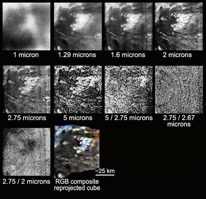 The Titanian Volcano (2)
Caption NASA originale:"Details of the circular feature, that scientists think is an ice volcano, which could be a source of methane in Titan's atmosphere, show up at wvlgts larger than 1,3 microns (1 micron is one-millionth of a meter; 1 meter is 39"). The first 6 panels are images of the feature taken in 6 infrared windows. Images made up of two colors (ratio images) are represented in order to visualize compositional variations, which appear to be slight. The last panel is a color composite image (red, 2,75 micron; green, 2 micron; blue, 1,6 micron). These images were acquired with Cassini's VIMS. Titan, Saturn's largest moon, is the only known moon to have a significant atmosphere, composed primarily of Nitrogen, with CH4 (about 2/3%) as the largest remaining component. One goal of the Cassini mission is to find an explanation for what is replenishing and maintaining this atmosphere".
Parole chiave: Saturn's Moons - Titan - Controversial Image