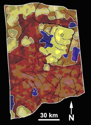 The Titanian Volcano (3)
Caption NASA originale:"From infrared images that show variations in brightness and texture, a geological map of a 'possible Titanian volcano', has been obtained using Cassini's VIMS. This geologic map shows that the circular feature has what appear to be several series of flows, as shown by the black lines. The flows represent episodes of activity on the volcano. A dark central pit, called a caldera, is similar to vents (----> aperture da sfogo; crepacci che fungono da sfogo) that appear above reservoirs of molten material on Earth's volcanoes. The colors on the map represent the brightness of features. Yellow and light green represent bright patches. Blue represents dark patches. Red represents mottled (----> screziato, a chiazze) material. The yellow area is where the volcano lies".
Parole chiave: Saturn's Moons - Titan - Controversial Image
