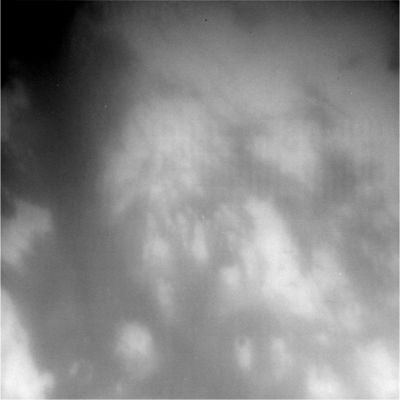 The first clouds of the New "Titan" Year
Original caption:"W00013114.jpg was taken on January 15, 2006 and received on Earth January 16, 2006. The camera was pointing toward Titan that, at the time, was approximately 25.495 Km away, and the image was taken using the CB3 and CL2 filters. 

This image has not been validated or calibrated".
Parole chiave: Saturn's Moons - Titan
