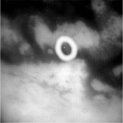 A "bright light" in the clouds?
Cerchiatura Bianca: la macchia bianca che vediamo fra le nuvole di Titano è un gruppo di 8 "dead-pixels" circondato da un grappolo di almeno una ventina di "bad-pixels" (e dunque uno dei soliti photoartifact), oppure si tratta di un oggetto luminosissimo il quale ha provocato la evidentissima sovraesposizione della zona in cui si trovava al tempo dello scatto?

Caption originale:"W00013654.jpg was taken on February 27, 2006 and received on Earth February 27, 2006. The camera was pointing toward TITAN at approximately 34.753 Km, and the image was taken using the CB3 and CL2 filters. This image has not been validated or calibrated".
Parole chiave: Saturn's Moons - Titan - possible Anomaly