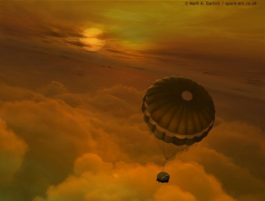 Landing on Titan
Will the Huygens probe land or splash down? In the next few days, the Cassini spacecraft currently orbiting Saturn will release a probe that will descend toward Saturn's largest moon in mid-January. That moon, Titan, has a surface normally hidden from view by thick methane cloud decks. What the car-sized flying-saucer-shaped probe will find is unknown. Once reaching the surface, Huygens may survive for as long as 150 minutes and take as many as 1.100 images. These images will be beamed up to the passing Cassini mothership for subsequent transmission to a waiting Earth. The Huygens probe is depicted above entering Titan's atmosphere and deploying its parachute. Uncovering the most mysterious moon in the Solar System may reveal a surface so strange that images of it may not be immediately understood.
