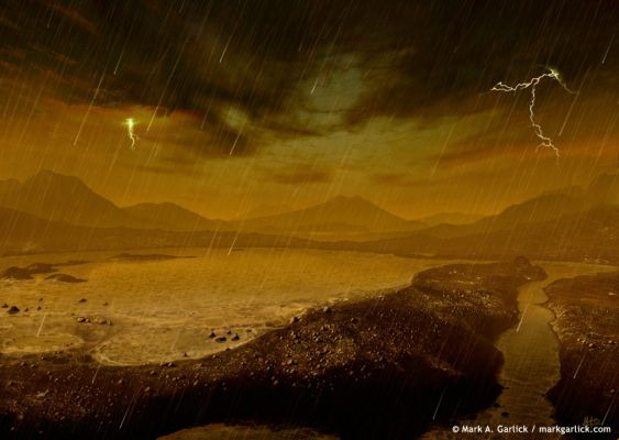 Titan's "Rain"...
Da "NASA - Picture of the Day" del 2 Agosto 2006:"Might it rain cold methane on Saturn's Titan? Recent analyses of measurements taken by the Huygen's probe that landed on Titan in 2005, January, indicate that the atmosphere is actually saturated with methane at a height of about 8 Km. Combined with observations of a damp surface and lakes near the Poles, some astrobiologists conclude that at least a methane drizzle is common on parts of Titan. Other astrobiologists reported computer models of the clouded moon that indicate that violent methane storms might even occur, complete with flash floods carving channels in the landscape. The later scenario is depicted in the above drawing of Titan. Lighting, as also depicted above, might well exist on Titan but has not been proven. The findings increase speculation that a wet Titanian surface might be hospitable to unusual forms of life". 

Attenzione all'ultima frase: "Queste scoperte fanno crescere (la validità) di una ipotesi speculativa secondo cui la superficie di Titano, laddove effettivamente umida, potrebbe essere idonea ad ospitare "inusuali" forme di Vita".
Il significato e la portata di questa frase sono evidenti e di valore storico, ma c'è una domanda che ci incuriosisce e, in fondo, un pò ci turba: cosa intende la NASA quando parla di "unusual life forms"?...

Parole chiave: Artistic Interpretations of the Solar System