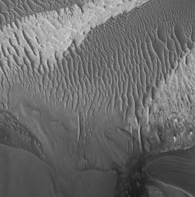 Features of Tithonium Chasma (Original NASA/MGS/MSSS b/w Frame)
Caption NASA originale:"This MGS-MOC image shows dark rippled surfaces and a patch of light-toned, perhaps sedimentary rock exposed on the floor of western Tithonium Chasma, part of the vast Valles Marineris Canyon System". 

Location near: 5,0° South Lat. and 90,3° West Long.
Image width: ~3 Km (~1,9 mi) 
Illumination from: lower left 
Season Southern Spring 
Parole chiave: Mars from orbit - Tithonium Chasma