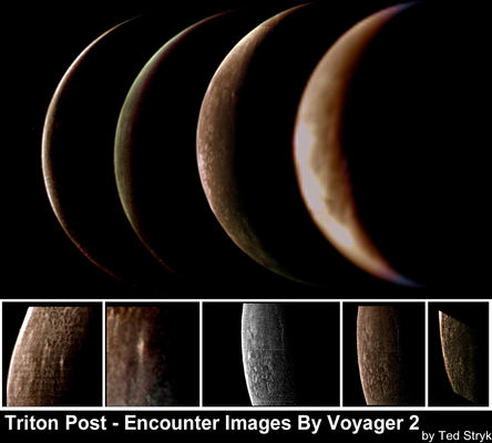 Moments of Triton...
This set of images shows the best views of Neptune's moon Triton taken by Voyager 2 as the spacecraft withdrew from the Neptune system on August 25, 1989. The top four images were constructed from various color image bands as Voyager receded from Triton. 

The third image from the left is sharper than the other four, because it was taken with the Narrow Angle Camera, with Triton filling two thirds of the frame. The thin crescent first image, while much closer, spanned about a quarter of the frame. The second image was somewhat smaller, and the last was very small. The first of the four images was composed of Blue, Green, and Orange filter images. The second utilized Violet, Green, and Orange Filtered images. In both composites, the Orange image was of poorer quality. In the fourth image, no orange was available, and the green and blue images were badly smeared, though somewhat salvageable. A clear filtered image (also smeared) was substituted for orange. They were combined and used as a color overlay for a slightly overexposed, but sharp clear filtered view. The third image is composed of a Violet and a Green wide-angle image. Like all the images in the first and second composites, and like the images used to color the fourth composite, these images were underexposed. However, they were very sharp. The orange image came from a poor quality wide angle orange image. The resulting color image was combined with a well exposed clear filter image to provide the detail 

The Narrow Angle images used in these mosaics were the first obtained after closest approach, with the exception of a single clear filter image obtained while the disk was about twice as big as what could be framed in the camera's field of view. It is very noisy, and by far the worst underexposure of them all, and could not be processed to the point in which the whole image could be made presentable. However, a few sections were salvaged. The first (lower left) was binned to make up for noisiness and sharpened. It was then merged with the color data from the third image above. A cloud can be seen near the limb. To its right is an image of the cloud that has not been as heavily processed. The cloud itself is better presented, as it was far brighter than the surrounding area and hence more securely detected. Its shadow can be faintly made out to its right. 

The next two images are the same, but one to the right was merged with color data. The image is towards the center of the crescent, the brightest area, in which white spots can be seen. Although a few of them may be impact craters, this area, as most of the crescent, is over the south polar cap, and thus frost covered, and the appearance of this area most closely resembles the cantaloupe terrain seen on the other hemisphere before closest approach. The final image (lower right) hints of surface topography near the terminator. It seems it is one of the more rugged parts of Triton. The large, foreshortened circular feature slightly below the center of the image is a dimple similar those found in the cantaloupe terrain. The other features are too ambiguous to determine whether or not they are of the same nature.

Parole chiave: Neptune's Moons - Triton