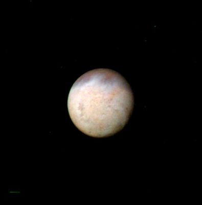 Triton from Voyager 2 (false colors?)
Caption NASA originale:"The smallest features that can be seen in this false color image of Neptune's largest satellite, Triton, are about 47 Km across. The image, taken by Voyager 2 early in the morning of Aug. 23, 1989, is a composite of three images taken through ultraviolet, green, and violet filters. The image offers an example of the kinds of puzzles scientists face on the eve of an encounter: mottling in the bright southern hemisphere may be the result of topography, if Triton's crust is predominantly water ice, which is rigid at Triton's surface temperature. Alternatively, the mottling could be due to markings on a smooth surface, if the crust is composed of nitrogen, carbon monoxide, or methane ice, since they are soft at the same temperature". Nota: in questo frame la NASA parla chiaramente di "false colors" mentre nel successivo dice "natural colors". Ora a noi i "colors" di Tritone, nei due frames, sembrano identici. 
Sono dunque entrambi "natural" o "false"? Dov'� la verit�?
Parole chiave: Neptune's Moons - Triton