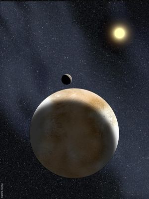UB 313: is this the "10th Planet"?
What do you call an outer Solar System object that is larger than Pluto? Nobody is yet sure, but the question arose recently when 2003 UB313, an object currently twice as far out as Pluto and not in the plane with the rest of the Planets, was verified recently to be 30% wider than Pluto. UB313's size was estimated (of course in a VERY approximate way!) by measuring how much infrared light this celestial body emits. Previous size estimates were based only on visible light and greatly affected by how reflective the object is. 
Whether 2003 UB313 is officially declared a planet will be answered shortly by the International Astronomical Union (IAU). 
In the above picture, a scientific artist has imagined UB313 in its distant orbit around the Sun, coupled with a hypothetical moon. 
Parole chiave: Artistic Visions of the Solar System - UB-313