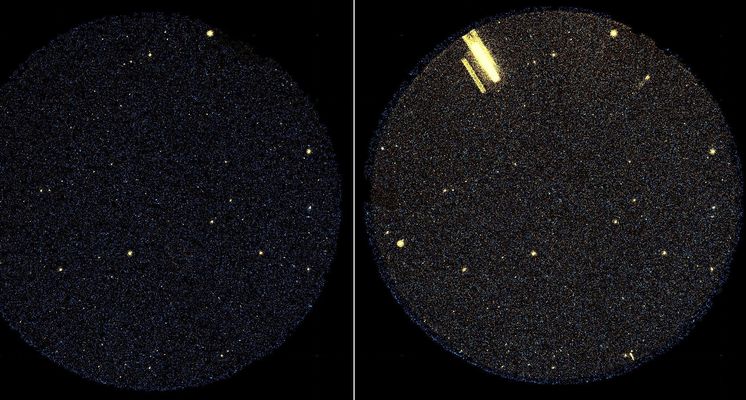 Far distant galaxies and a UFO in front of the GALEX telescope! (1)
Caption NASA originale:"Galaxies aren't the only objects filling up the view of NASA's Galaxy Evolution Explorer. Since its launch in 2003, the space telescope (originally designed to observe galaxies across the universe in ultraviolet light) has discovered a festive sky blinking with flaring and erupting stars, as well as streaking asteroids, satellites and space debris. One such streaking object - possibly an Earth-orbiting satellite - can be seen here flying across the telescope's sight. 
This probable satellite appears during the last 5' of a 13,5' observation. It looks elongated because each picture frame containing the moving object is 19" long. Faint ghost images on either side of the source are detector artifacts caused by the object's extreme brightness. These 'Bonus Objects' are being collected in to Public Catalogues for other Astronomers to study".

Bonus Objects. Un nuovo modo di classificare gli UFO? Un frame intrigante ed un commento ufficiale asciutto, ma possibilista: qualcosa si muove?!?
Parole chiave: Highly Controversial Image