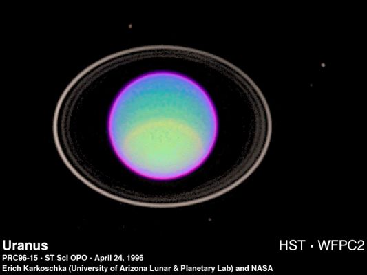 Uranus from the Hubble Space Telescope
Urano, il terz'ultimo Pianeta del Sistema Solare, fa parte della famiglia dei "Giganti Gassosi", assieme a Giove, Saturno e Nettuno. In ordine di grandezza Urano è il terzo Pianeta dopo Giove e Saturno e, dal punto di vista della sua struttura, esso assomiglia (quasi) come una goccia d'acqua a Nettuno. 
Al pari di questo, infatti, la (spessissima) atmosfera di Urano appare costituita principalmente da Idrogeno ed Elio con una sensibile presenza, nei suoi strati più alti, di Metano (il quale conferisce al Pianeta il suo caratteristico colore azzurrino). 
Parole chiave: Uranus