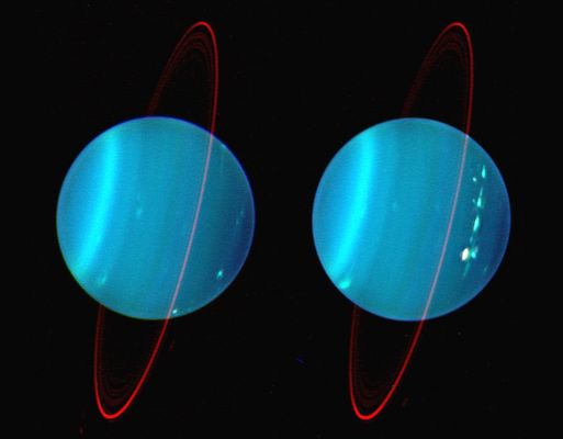 Uranus from Keck Observatory
Caption NASA originale:"These sharp views of tilted gas giant Uranus show dramatic details of the planet's atmosphere and ring system. The remarkable ground-based images were made using a near-infrared camera and the Keck Adaptive Optics system to reduce the blurring effects of Earth's atmosphere. Recorded in July 2004, the pictures show two sides of Uranus. In both, high, white cloud features are seen mostly in the northern (right) hemisphere, with medium level cloud bands in green and lower level clouds in blue. The artificial color scheme lends a deep reddish tint to the otherwise faint rings. Because of the severe tilt of its rotational axis, seasons on Uranus are extreme and last nearly 21 Earth years on the distant planet. Uranus is now slowly approaching its southern autumnal equinox - the beginning of fall in the southern hemisphere - in 2007".
Parole chiave: Uranus from Earth