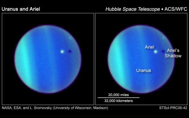 Uranus and Ariel: the Eclypse
Caption NASA originale:"This image is a never-before-seen astronomical alignment of a moon traversing the face of Uranus, and its accompanying shadow. The white dot near the center of Uranus' blue-green disk is the icy moon Ariel. The 700-mile-diameter satellite is casting a shadow onto the cloud tops of Uranus. To an observer on Uranus, this would appear as a solar eclipse, where the moon briefly blocks out the Sun as its shadow races across Uranus's cloud tops.

Though such "transits" by moons across the disks of their parents are commonplace for some other Gas Giant Planets, such as Jupiter, the satellites of Uranus orbit the planet in such a way that they rarely cast shadows on the Planet's Surface. Uranus is tilted so that its spin axis lies nearly in its orbital plane".
Parole chiave: Hubble Images - Asteroids and Planets
