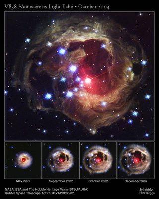 V 838 Monocerotis: the Nebula is "growing up"!
"...Gli uomini sono sospesi tra un prima ed un dopo che chiamano Vita, al di fuori della quale sentono che esiste qualcosa al di la di sè stessi, a cui neanche la loro straordinaria capacità di pensiero ha consentito di arrivare a sfiorarne la Natura. Ciò non di meno, di questo qualcosa - che per comodo chiameremo Dio - sappiamo quanto basta da non poterne ignorare la forza.
C'è chi Lo vede nell'Universo, chi nell’astrattezza del nostro pensiero e chi, ancora, nella coscienza di sé e del mondo che l‘uomo possiede..."

Giuseppe Spina - "Dio"
Parole chiave: Hubble Images