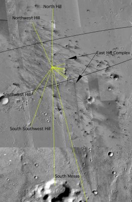 The Martian Land around Spirit: distant hills and many craters
Caption NASA originale:"This overhead view maps the Mars Exploration Rover Spirit's approximate location in relation to nearby craters and hills. By combining images from both the cameras on MGS and DIMESC - this located on the bottom of the Rover's Lander - scientists and engineers can tell how far away the hills are from the Rover. This information would be more difficult to obtain from the panoramic images. The hills and hill ranges are marked by yellow lines and the Rover is located where the yellow lines intersect. 
Black arrows locate the east hill complex, a potential Rover destination".
Parole chiave: Mars Maps