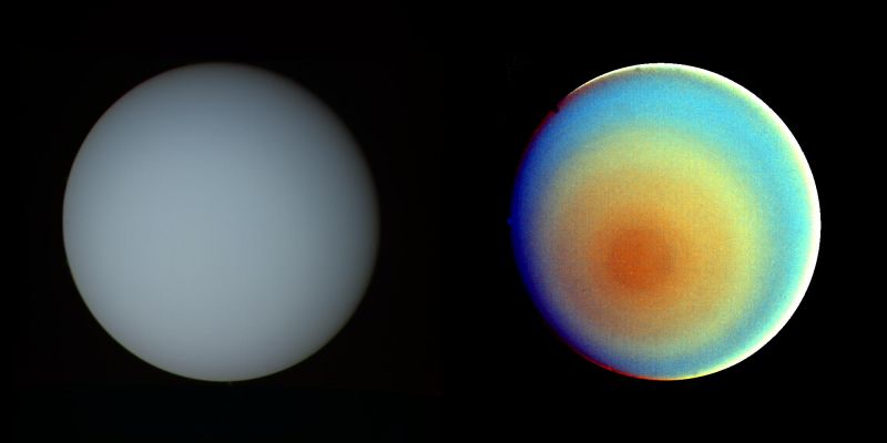 Uranus in natural and false colors
Caption NASA originale:"These two pictures of Uranus - one in true color (left) and the other in false color - were compiled from images returned Jan. 17, 1986, by the narrow-angle camera of Voyager 2. The spacecraft was 9,1 MKM (5,7 MMs) from the planet, several days from closest approach. The picture at left has been processed to show Uranus as human eyes would see it from the vantage point of the spacecraft. The picture is a composite of images taken through blue, green and orange filters. The darker shadings at the upper right of the disk correspond to the day-night boundary on the planet. Beyond this boundary lies the hidden northern hemisphere of Uranus, which currently remains in total darkness as the planet rotates. 
The blue-green color results from the absorption of red light by methane gas in Uranus' deep, cold and remarkably clear atmosphere. The picture at right uses false color and extreme contrast enhancement to bring out subtle details in the polar region of Uranus. Images obtained through ultraviolet, violet and orange filters were respectively converted to the same blue, green and red colors used to produce the picture at left. The very slight contrasts visible in true color are greatly exaggerated here. In this false-color picture, Uranus reveals a dark polar hood surrounded by a series of progressively lighter concentric bands. One possible explanation is that a brownish haze or smog, concentrated over the pole, is arranged into bands by zonal motions of the upper atmosphere. The bright orange and yellow strip at the lower edge of the planet's limb is an artifact of the image enhancement. In fact, the limb is dark and uniform in color around the planet".
Parole chiave: Uranus