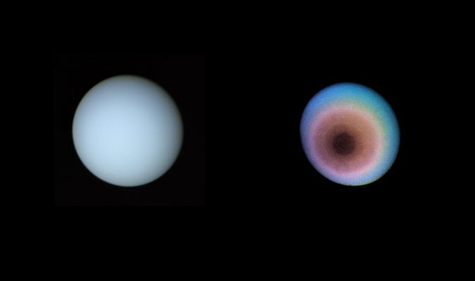 Uranus in natural colors
Caption NASA originale"These 2 pictures of Uranus were compiled from images recorded by Voyager 2 on Jan. 1O, 1986, when the NASA spacecraft was 18 MKM (11 MMs) from the Planet. The images were obtained by Voyager 2 narrow-angle camera; the view is toward the planet's pole of rotation, which lies just left of center. The picture on the left has been processed to show Uranus as human eyes would see it from the vantage point of the spacecraft. The second picture is an exaggerated false-color view that reveals details not visible in the true-color view - including indications of what could be a polar haze of smog-like particles. The true-color picture was made by combining pictures taken through blue, green and orange filters. The dark shading of the upper right edge of the disk is the terminator, or day-night boundary. The blue-green appearance of Uranus results from methane in the atmosphere; this gas absorbs red wavelengths from the incoming sunlight, leaving the predominant bluish color seen here".
Parole chiave: Uranus