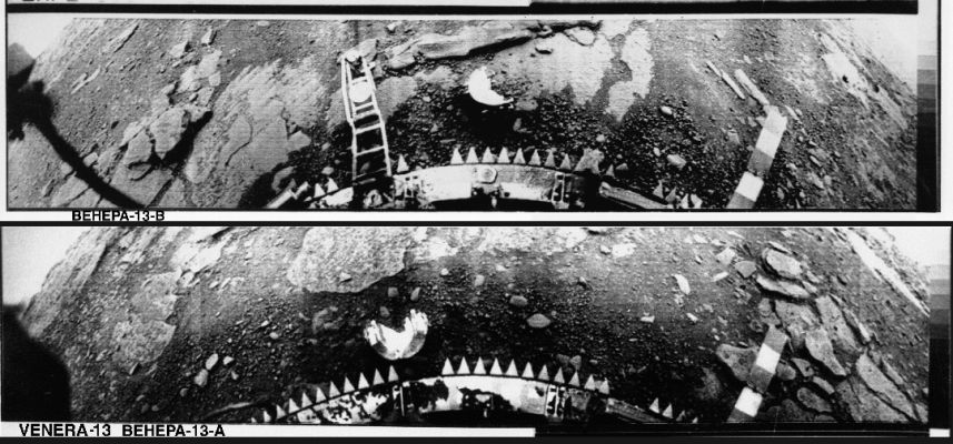 Venus from Venera 13 - March, 1, 1982 - Two Original Frames
E adesso facciamo un salto al 1° Marzo 1982: ancora un landing positivo di una Sonda Sovietica - Venera 13 - che resisterà per ben 2 ore e 7 minuti sulla superficie del Pianeta (record!). 
Più tempo e, quindi, più immagini riprese (e, questa volta, ne troviamo anche una a colori che Vi proporremo in seguito). 
Le caratteristiche superficiali di Venere, a quanto si vede, sembrano non cambiare: rocce piatte, parzialmente frammentate, e pietrisco più sottile (con, forse, anche delle sferule simili a quelle trovate su Marte, in Area Meridiani Planum). 
Parole chiave: Venera 13 - Venus Landers