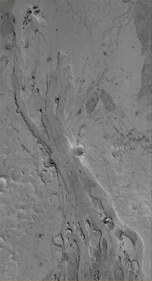 Controversial Features of Zephyria Planum (Original NASA/MGS/MSSS b/w Frame)
Original caption:"This MGS-MOC image shows a portion of a shallow Channel carved in the Plains of the Zephyria Region of Mars. This feature might be the result of the passing of either extremely fluid Lava or, perhaps, Mud".

Location near: 5,1° North Lat. and 203,7° West Long.  
Image width: ~3 Km (~1.9 mi)  
Season: Northern Winter  
Parole chiave: Mars from orbit - Volcanic features - Lava/Mud Flows in Zephyria Planum
