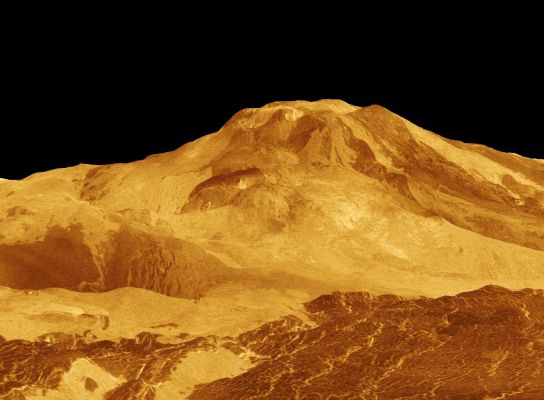 3D view of Maat Mons
Caption NASA originale:"Maat Mons is displayed in this computer generated 3D view of the surface of Venus. The viewpoint is located 634 Km North of Maat Mons at an elevation of 3 Km above the terrain. 
Lava flows extend for hundreds of kilometers across the fractured plains shown in the foreground, to the base of Maat Mons. The view is to the south with the volcano Maat Mons appearing at the center of the image on the horizon and rising to almost 5 Km above the surrounding terrain. Maat Mons is located at approx. 0,9° North latitude; 194,5° East longitude with a peak that ascends to 8 Km above the mean surface. Maat Mons is named for an Egyptian Goddess of Truth and Justice. Magellan synthetic aperture radar data is combined with radar altimetry to develop a three-dimensional map of the surface. The vertical scale in this perspective has been exaggerated 10 times".
Parole chiave: 3D Venus