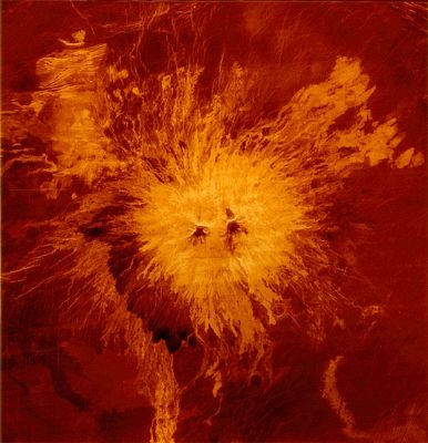 Magellan Probe: radio image of Sapas Mons Volcano (false color)
La risposta a questa domanda, ovviamente, potremmo non averla mai. 

Un ultimo dato suggestivo attiene il campo gravitazionale di Venere il quale - completamente diverso da quello terrestre - potrebbe essere pesantemente influenzato da processi fisici che avvengono nelle profondità del Pianeta. 
Ad ogni modo i processi tettonici globali che caratterizzano Venere sono ancora avvolti nel mistero. Così come avvolta nel mistero è la fine della Sonda Magellano.
Parole chiave: Naked Venus