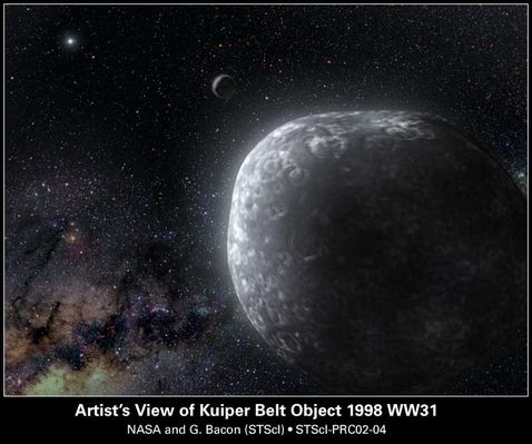 1998-WW31
This is an artist's view of a Kuiper Belt binary object, called 1998 WW31. These icy bodies orbit each other at the fringe of our Solar System. 
The illustration depicts one member of the duo in the foreground; its companion - the dark, round object - is in the background. The objects are about the same size. Both are illuminated from behind by the Sun [the white dot at upper left]. Like other Kuiper Belt objects, this duo orbits the Sun, completing a circuit every 301 years while Pluto orbits the Sun every 248 years.
Parole chiave: Artistic Visions of the Solar System
