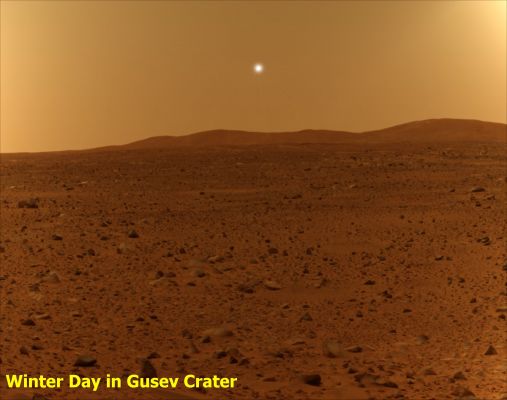Winterday over Columbia Hills (a Martian Fantasy by Dr Paolo C. Fienga)
Un'immagine di fantasia - ma ottenuta da un frame originale Spirit-PanCam - che ci mostra la luminosità attuale del cielo di Marte durante i mesi invernali ed il disco solare così come dovrebbe apparire dalla superficie del Pianeta Rosso.
Parole chiave: Martian Fantasy