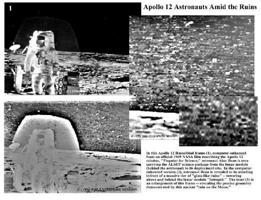 Cristal remnants on the Moon?
Un'immagine davvero curiosa e controversa che abbiamo trovato sul Sito "The Enterprise Mission" del Prof. R. Hoagland. Purtroppo non siamo in grado di darVi il frame number e, ad oggi, non siamo ancora riusciti a trovare l'immagine in questione nell'Apollo Space Catalog. Una curiosità: questa fotografia - a colori - venne pubblicata in un libello divulgativo per studenti ed appassionati il quale fu pubblicato verso la metà degli anni '70 e che - ci dicono - si chiamava "Ai confini della Scienza". Voi ne sapete nulla? Volete aiutarci a risolvere questo "piccolo mistero"? Se conoscete il frame number di questa immagine, per favore, vogliate cortesemente comunicarcelo e grazie, come sempre.

Aggiornamento: il frame è stato reperito ed identificato (è l'AS 12-46-6807), sia in versione HD, sia in versione originale uncompressed. L'"Aura" che dovrebbe circondare Alan Bean non è altro che un riflesso (un effetto prismatico, ad essere precisi). 
Le speculazioni del Prof. Hoagland restano semplici speculazioni.
Parole chiave: Controversial image
