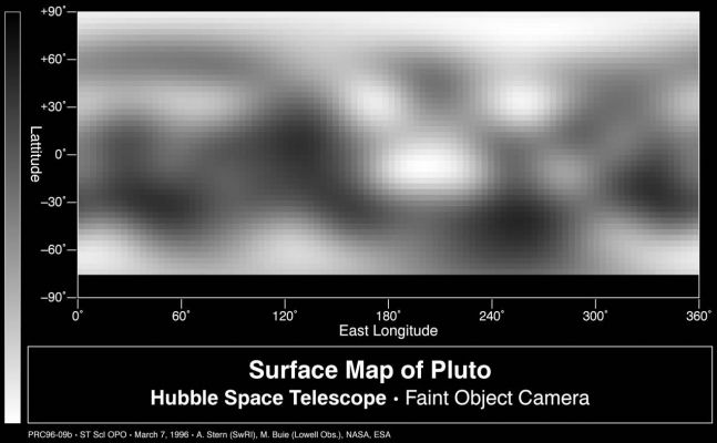 A "Map" of Pluto, from HST
Caption NASA originale:"This map that covers about 85% of the surface of the Planet confirms that Pluto has a dark equatorial belt and bright polar caps. The brightness variations in this map may be due to topographic features such as basins and fresh impact craters. Pluto itself probably shows even more contrast and perhaps sharper boundaries between light and dark areas than is shown here, but HST resolution (just like early telescopic views of Mars) tends to blur edges and blend together small features sitting inside larger ones".
Parole chiave: Hubble Images