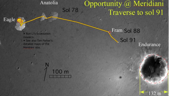 Opportunity's Traverse Map
Il valore scientifico di queste Mappe, comunque - ed a prescindersi dalle questione, di certo pure importante, relativa al posizionamento dei rottami -, è indubitabilmente alto e noi dobbiamo essere pronti a riconoscerlo. 
Aggiorneremo questi commenti non appena avremo ricostruito con le immagini la Mappa dell'area in questione.
Parole chiave: Mars Maps