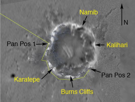 Detailed map of Endurance Crater
nella Sezione "Walking on Mars" ci sono decine di immagini di Endurance Crater, riprese da svariati punti di vista e da angolazioni ogni volta diverse. 
Questa Mappa Vi può essere di aiuto per capire meglio, per ogni dettaglio visto, il punto esatto di Endurance Crater in cui il dettaglio in questione si trova.
Per cui... Buon lavoro!
Parole chiave: Mars Maps