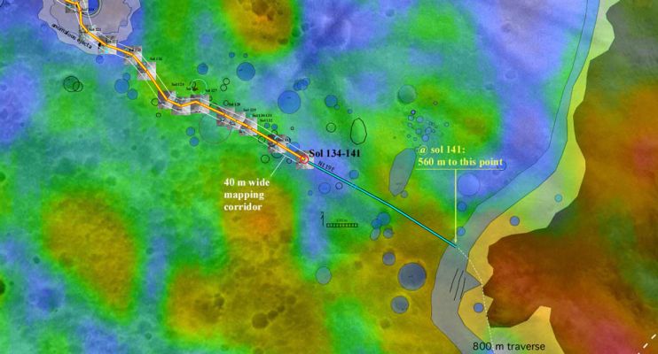 The Area of "Santa Anita" (Traverse Map up to Sol 141)
The red dot labeled "Sol 134-141" in this map illustrates when and where NASA's Mars Exploration Rover Spirit acquired the "Santa Anita Panorama." Scientists consider this area, located roughly three-fourths of the way between "Bonneville Crater" and the base of the "Columbia Hills," a treasure trove that may be studied for decades to come. 
The color thermal inertia data show how well different surface features hold onto heat. Red indicates a high thermal inertia associated with rocky terrain (regions that take longer to warm up and cool down); blue indicates a lower thermal inertia associated with smaller particles and fewer rocks (areas that warm up and cool off quickly). 
Parole chiave: Mars Maps