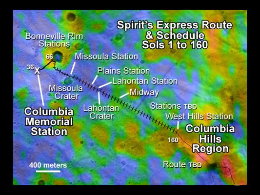 Spirit's path from Bonneville up to Columbia Hills
E, dal Cratere Bonneville, il prosieguo della marcia sino alle pendici delle Columbia Hills.
Parole chiave: Mars Maps