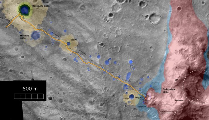 At the base of Columbia Hills (Map up to Sol 187)
The yellow line on this map illustrates the total path traveled by NASA's Mars Exploration Rover Spirit during its mission. Spirit landed at the starting point at Gusev Crater on Jan. 3, 2004, and has since traveled about 3.5 kilometers (2.2 miles) to reach "West Spur" at the "Columbia Hills." Also seen on the map are "Bonneville" and "Missoula" craters. The blue dotted line illustrates the energy-efficient path planned for Spirit to reach intriguing rock outcrops atop "West Spur." 

Parole chiave: Mars Maps