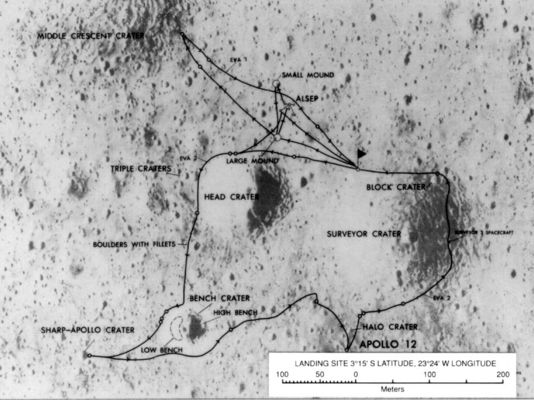 Walking on the Moon, with Conrad and Bean
This map is figure 10.15 from the Lunar Sourcebook, G.H. Heiken, D.T. Vaniman and B.M. French.

The traverses shown on this map were deduced from Hasselblad pictures taken by the crew and from their commentary. 
NASA photo S69-59538 is another representation of the traverse.
Parole chiave: Maps