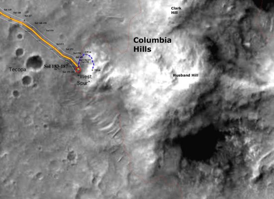 At the base of Columbia Hills (Traverse Map up to Sol 187)
This map illustrates the NASA Mars Exploration Rover Spirit's position at the base of the "Columbia Hills" from sols 183 to 187 (July 9 to 13, 2004). The dotted blue line indicates the rover's planned energy-efficient path to climb the hill and reach the intriguing rock outcrops at the top of "West Spur."
Parole chiave: Mars Maps