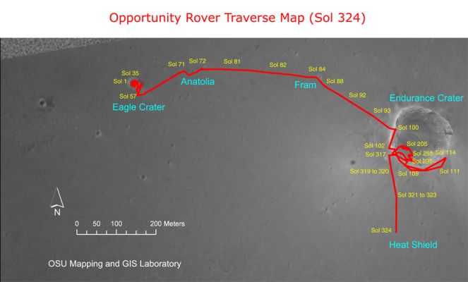 Opportunity's full traverse up to the Heat-Shield
Caption NASA originale:"Opportunity is approaching the Heat Shield that protected the Rover from frictional high temperatures during descent through the martian atmosphere in January 2004. The spacecraft carrying the Rover jettisoned the Heat-Shield just prior to landing. This orbital view shows the course the Rover drove from its landing to its 324th Sol (Dec. 21, 2004), including the historic path of Opportunity's 6 months of exploration inside Endurance Crater. Opportunity drove 90.9 meters (such as 298 feet) on sol 324, bringing its total odometry to 1.997.8 meters (such as 1,24 miles)".
Parole chiave: Mars Maps