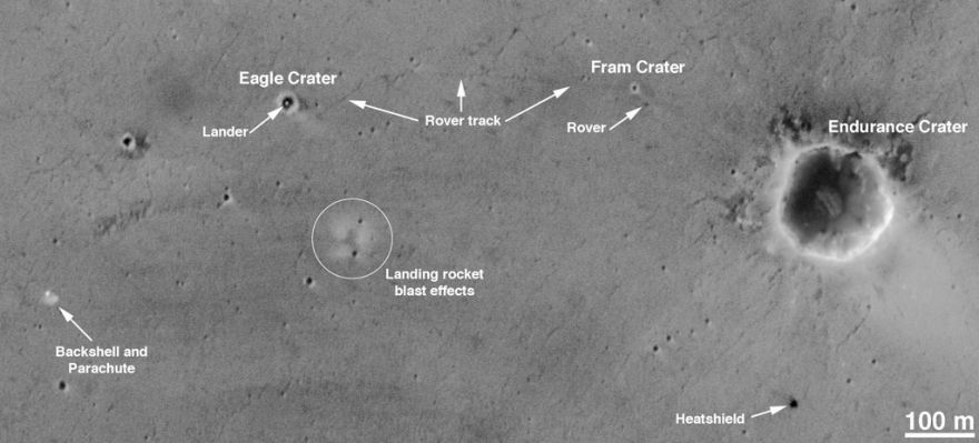 The path of Opportunity (as seen from orbiting MGS)
Caption NASA originale:"The image was acquired on April 26, 2004, during Opportunity's 91st Sol. That was the first day of Opportunity's extended mission (...) The tracks made by Opportunity on the sandy surface of Meridiani Planum are not quite as visible from orbit as are the tracks made in Gusaev Crater by the other Mars Exploration Rover, Spirit. A dustier surface at the Spirit site increases contrast between the tracks and the surrounding surfaces. Indeed, some parts of the track made by Opportunity are not visible in this image". 
Parole chiave: Mars Maps