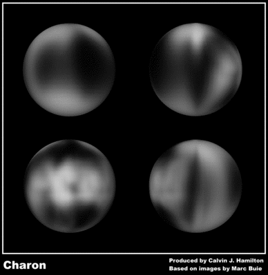 Charon (the surface - speculation)
Original caption:"This image shows 4 views of Pluto's moon Charon. 
The images are centered in 0° Lat. and 0° (top-left), 90° (top-right), 180° (bottom-left) and 270° (bottom-right) Long. 
The images are based on photometric measurements of Marc Bouie/Lowell Observatory".
Parole chiave: Charon