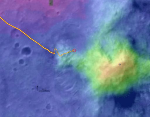 Digital Elevation Map of Spirit's Trek
Caption NASA originale: "The blue area represents the basaltic plains on the floor of Gusaev Crater, about 20 meters below the Rover's present location. Spirit crossed those plains for several months after landing to the west, off the left edge of this image. The greenish-blue area is the "West Spur" of the "Columbia Hills," which Spirit reached on sol 156 (June 11, 2004). Since then, Spirit has been gradually ascending the slopes of the "West Spur" in an east-northeasterly direction. Southeast of the Rover's current position is a brighter green area that represents an abrupt increase in slope where the "West Spur" meets the steeper flanks of the "Columbia Hills." The yellow and red areas represent the highest slopes and peaks. A steep valley east of the Rover's location appears, from orbiter images, to have layered outcrops. Scientists are directing the Rover to a ridge overlooking the valley to get a better look at what lies ahead".
Parole chiave: Mars from orbit
