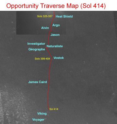 From the Heat-Shield to Voyager Crater
Caption NASA originale:"As of the Mars Exploration Rover Opportunity's 413th Sol, (March 23, 2005), the robot had driven a total of 4,62 Km (approx. 2,87 miles) since. The red line on this image traces the Rover's route. The base image is a mosaic combining images from the Mars Observer Camera on NASA's Mars Global Surveyor orbiter, the Thermal Emission Imaging System on NASA's Mars Odyssey orbiter and Opportunity's own Descent Image Motion Estimation System".
Parole chiave: Mars Maps