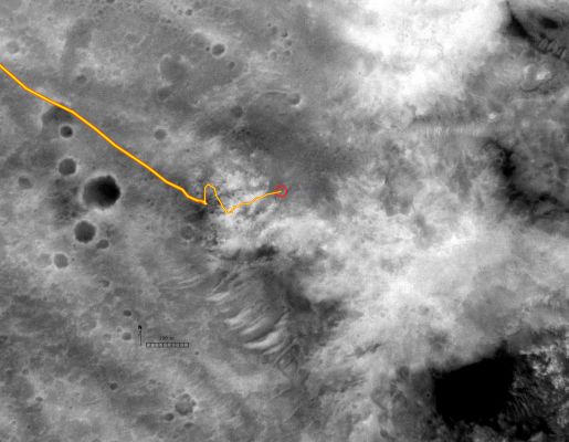 Spirit's Route in Black and White
Caption NASA originale:"The Mars Orbital Camera on NASA's Mars Global Surveyor spacecraft took this image of the topography traversed by NASA's Mars Exploration Rover Spirit in months prior to the rover's 318th Sol (Dec. 4, 2004). The yellow line traces the rover's path up to and across the "West Spur" of the Columbia Hills".
Parole chiave: Mars Maps