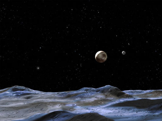New "moons" for Pluto? Early news
Dunque il Sistema (Binario) Plutone-Caronte starebbe per diventare (o forse è già ufficiosamente diventato) un Sistema Quaternario il quale fa, letteralmente, a pugni con le nostre stra-consolidate idee e speculazioni sull'origine e le caratteristiche di Plutone e dei piccoli Corpi Celesti trans-Nettuniani. 

Un plauso al Sito "Multidimensione", sul quale abbiamo rintracciato la notizia in prima battuta, e complimenti allo "Chef" (che presumiamo essere il Web-Master).
Parole chiave: Pluto's System - Artistic interpretation