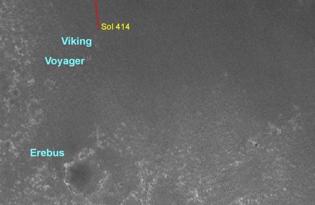 From Voyager Crater to Erebus Crater
Caption NASA originale:"The Rover has been making rapid progress southward since it finished examining its jettisoned Heat-Shield on Sol 357 (Jan. 24, 2005, one year after landing). Scientists are eager for Opportunity to reach an area to the south called the "Etched Terrain" (to etch---->incidere) which appears mottled in the map's base images and might offer access to different layers of bedrock than what the Rover has seen so far".
Parole chiave: Mars Maps