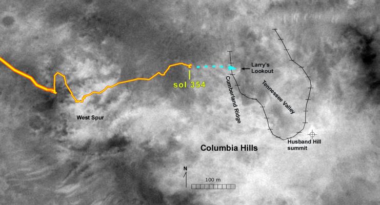 Approaching an "overlook"
The path of NASA's Mars Exploration Rover Spirit through the rover's 354th martian day, or sol (Dec. 31, 2004), plus some future travel options, are indicated on this map of the "Husband Hill" region of the "Columbia Hills" within Mars' Gusev Crater. The rover team plans to send Spirit to a vantage point dubbed "Larry's Lookout" for views to help in deciding whether to dip into "Tennessee Valley." 
The base image for the map was taken by the Mars Orbiter Camera aboard NASA's Mars Global Surveyor. 
Parole chiave: Mars Maps