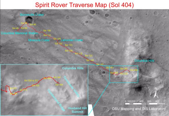 The "march" of Spirit up to Sol 404
Caption NASA originale:"NASA's Mars Exploration Rover Spirit drove a total of 4.143 meters (about 2,57 miles) between its landing in January 2004 and its 404th Sol (Feb. 20, 2005). This map on an image taken by the Mars Orbiter Camera on NASA's Mars Global Surveyor shows the course the Rover drove during that time. The Rover has recently been approaching a ridge overlooking "Tennessee Valley" on the north flank of "Husband Hill".
Parole chiave: Mars Maps