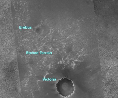 From Erebus Crater to Victoria Crater (through the "Etched Terrain")
Caption NASA originale:"As of the Mars Exploration Rover Opportunity's 414th Sol, (March 24, 2005), the robot had driven a total of 4,81 Km (such as 2,99 miles) since landing. In this two-month period, Opportunity drove 2,69 Km (approx. 1,67 miles). 
As landmarks along the route, are used craters that the Rover Team "informally" named after Ships which carried out historic voyages of exploration".
Parole chiave: Mars Maps